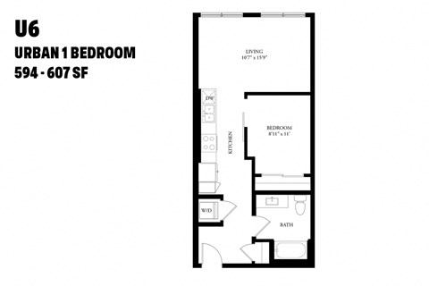 Floor plan for 1 bed, 1 bath, 594 sqft